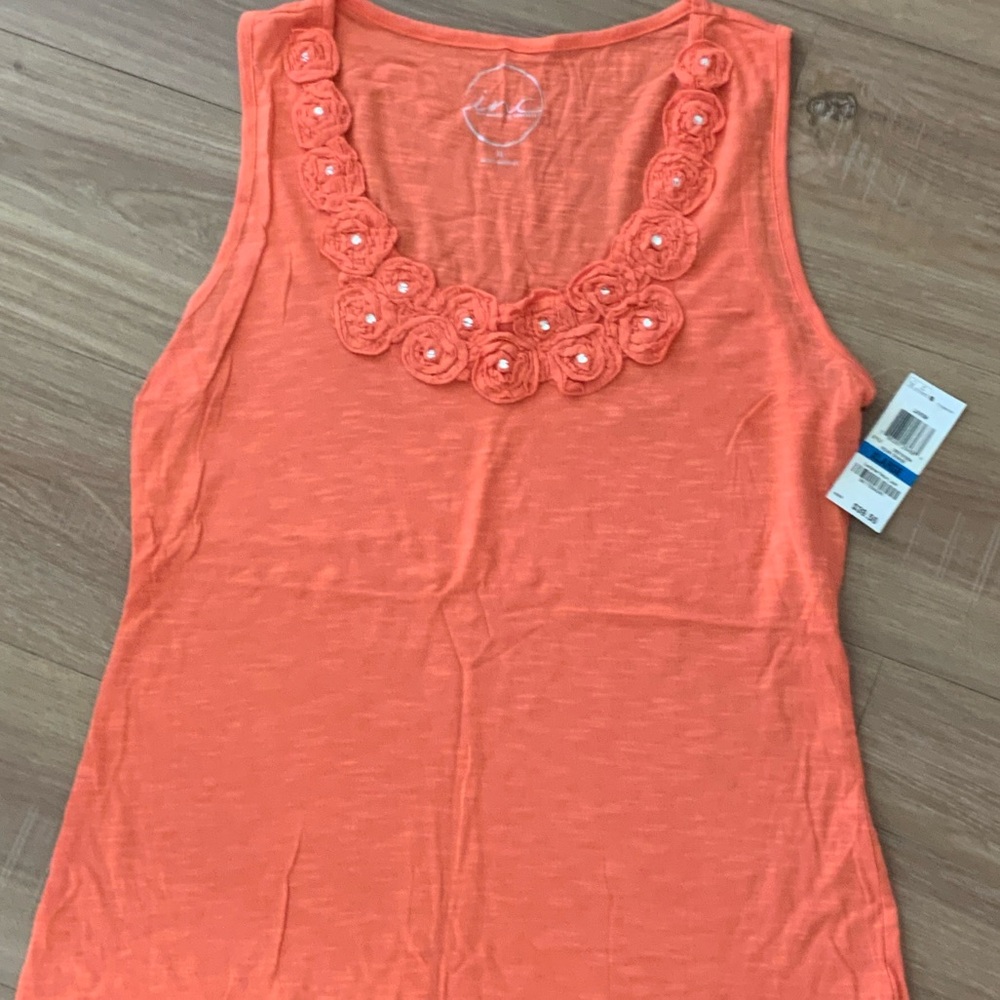 INC International Concepts Coral Orange Floral-Trim Tank Top
